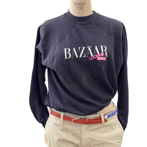 Vintage‎ Harper's Bazaar Shirt Fashion Raglan Indigo Black Sweat Shirt sz M - Picture 1 of 5